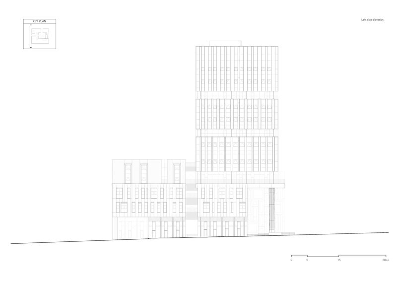 Left side elevation drawing showing a tall tower rising behind a cluster of mid-rise volumes