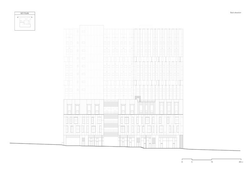 Back elevation drawing showing a tall tower with vertical striations beside lower rectilinear blocks