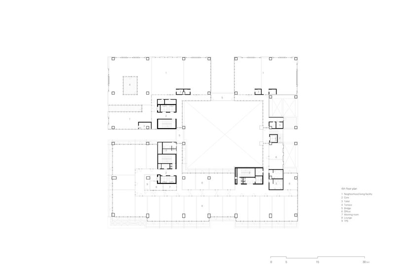 Floor plan drawing showing residential units positioned along the perimeter of a courtyard block