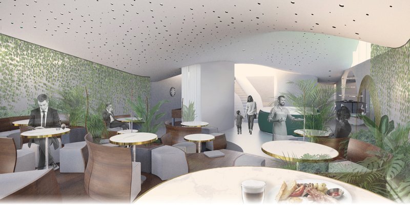 Biophilic interiors blend lush planting, natural light, and flexible seating to create a welcoming urban retreat.
