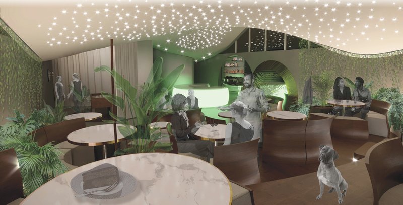 A vibrant café atmosphere illuminated by sculptural lighting, combining Viennese coffeehouse tradition with contemporary design.