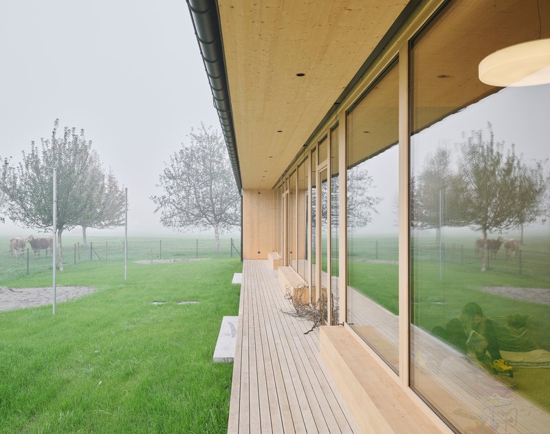Covered timber deck with floor-to-ceiling glazing and plywood soffit in morning fog