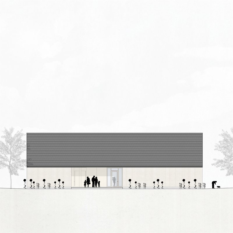 Elevation drawing of a long gabled barn with vertical siding, people, planted beds and flanking trees