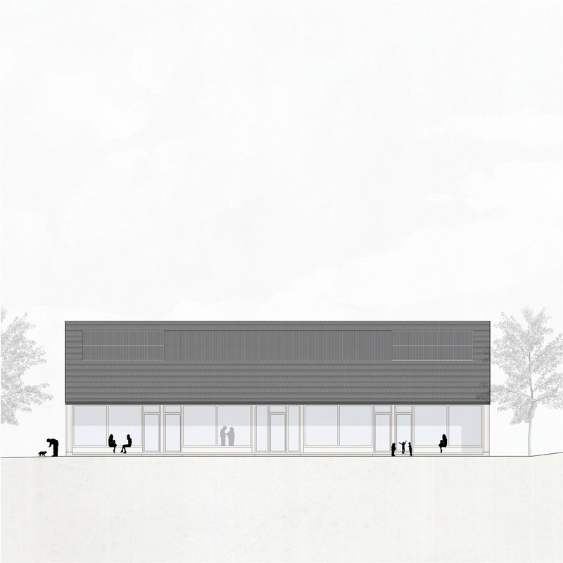 Elevation drawing showing a long single-story building with glazed facade and dark corrugated roof with silhouetted figures and trees