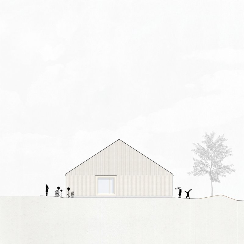 Elevation drawing of a gable-roofed volume with vertical cladding and a single square window with figures and vegetation