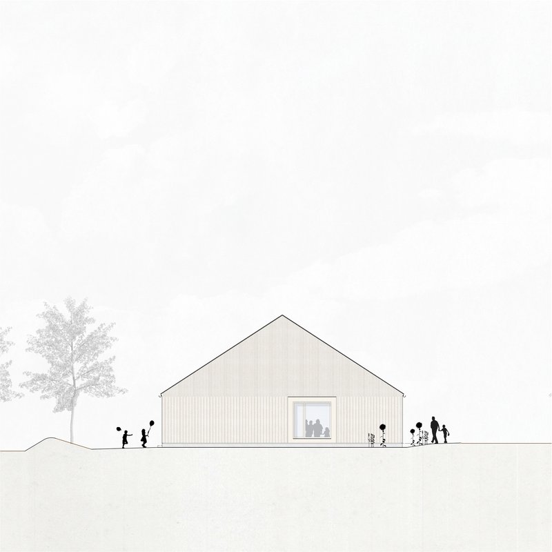Elevation drawing of a gable-roofed volume with vertical cladding and a centered window showing silhouetted figures inside and outside