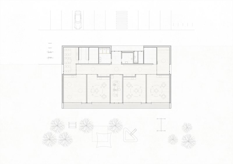 Floor plan drawing showing classroom layout with three large rooms and central service core