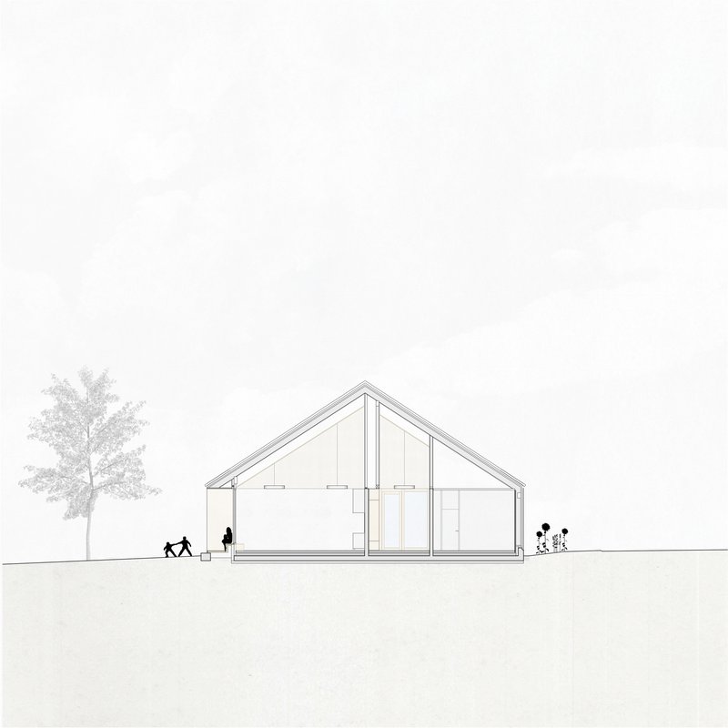 Section drawing revealing gabled volume with exposed timber structure and figures beneath a tree