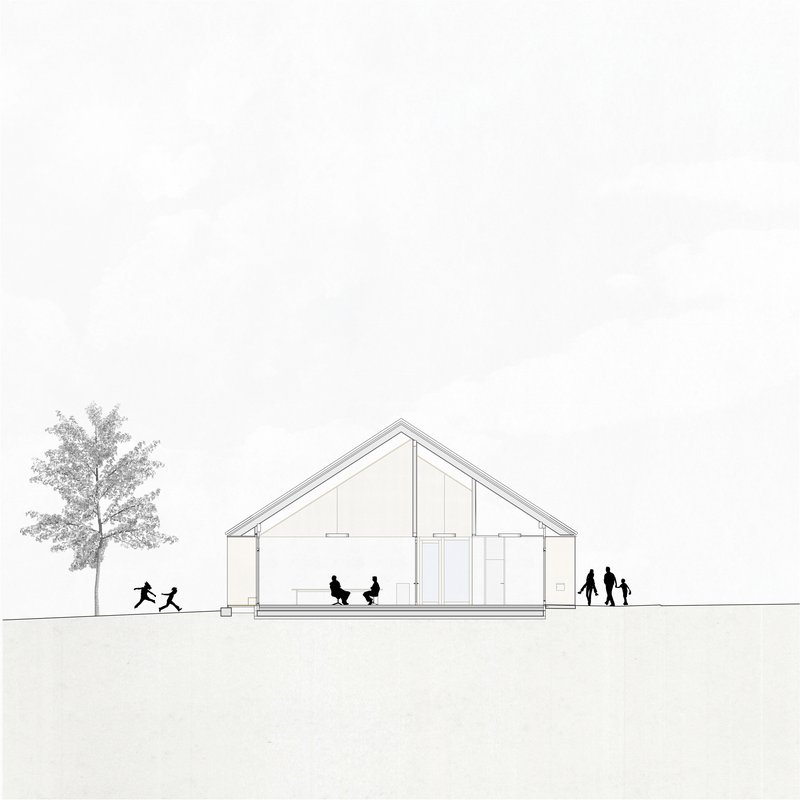 Section drawing showing interior activities under gabled roof with families walking on either side