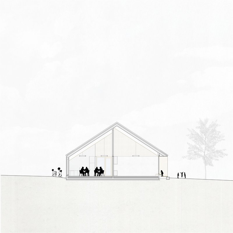 Section drawing of a gabled pavilion with people seated inside and figures beside a tree