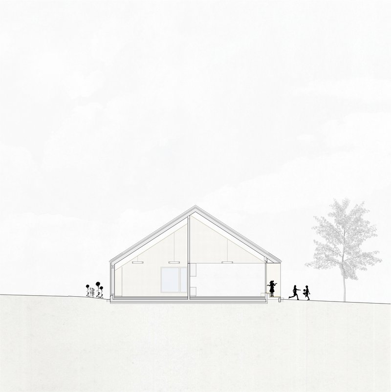 Section drawing of a gabled pavilion with running children and a tree in the foreground