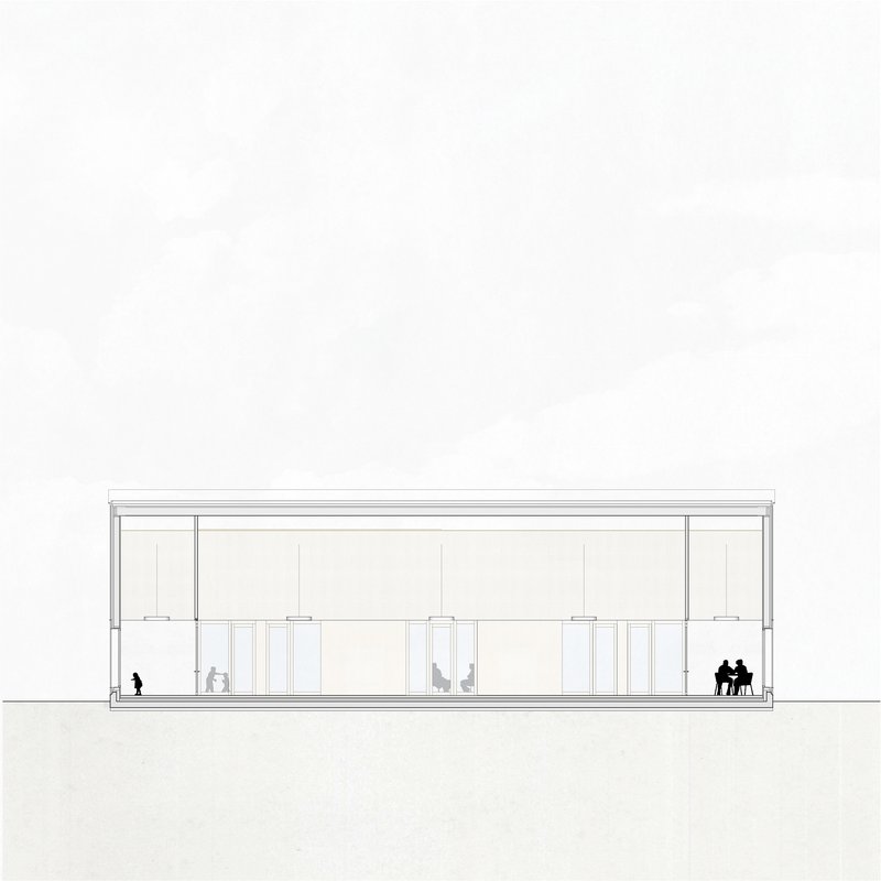 Section drawing of a flat-roofed pavilion with glazing and figures distributed across the interior