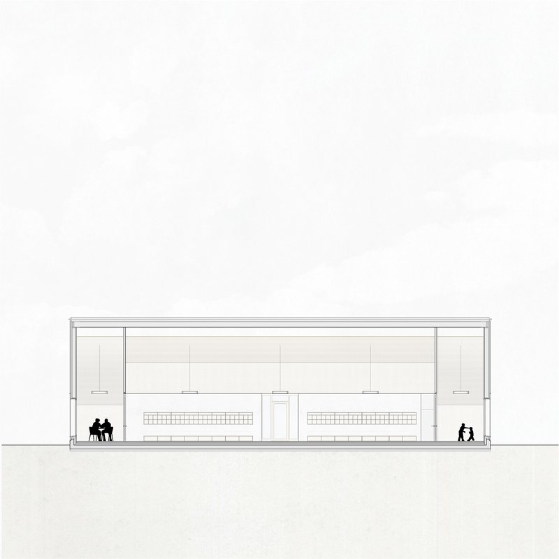 Section drawing of a flat-roofed pavilion showing two interior bays with tiered seating