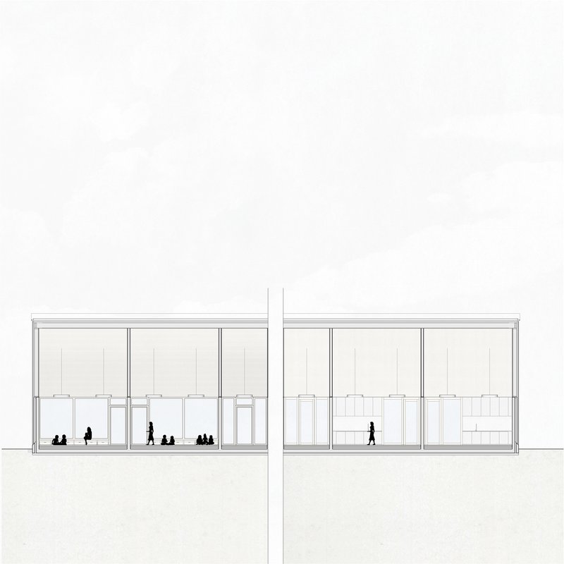 Section drawing showing two connected pavilion volumes with figures and tiered seating in one bay