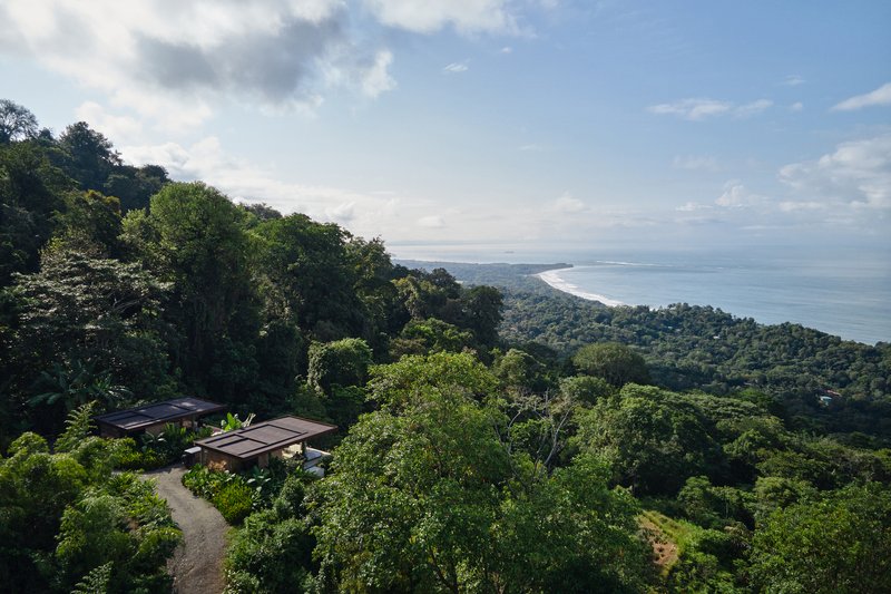 Elevated view of the compound nestled into the hillside with coastline visible beyond forested slopes