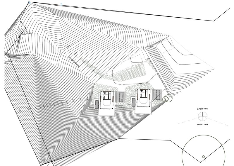 Site plan drawing showing two rectangular volumes nestled into contoured topography