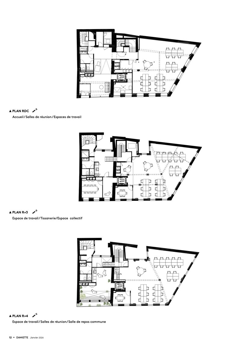 Three stacked floor plans showing office layouts with workstations, meeting rooms, and angled exterior walls