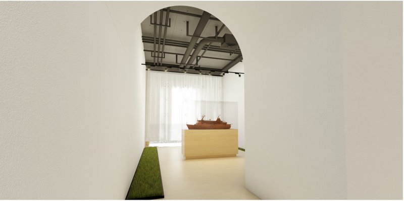 Transitional gallery corridor framing the museum’s immersive arrival experience above the Adriatic Sea.