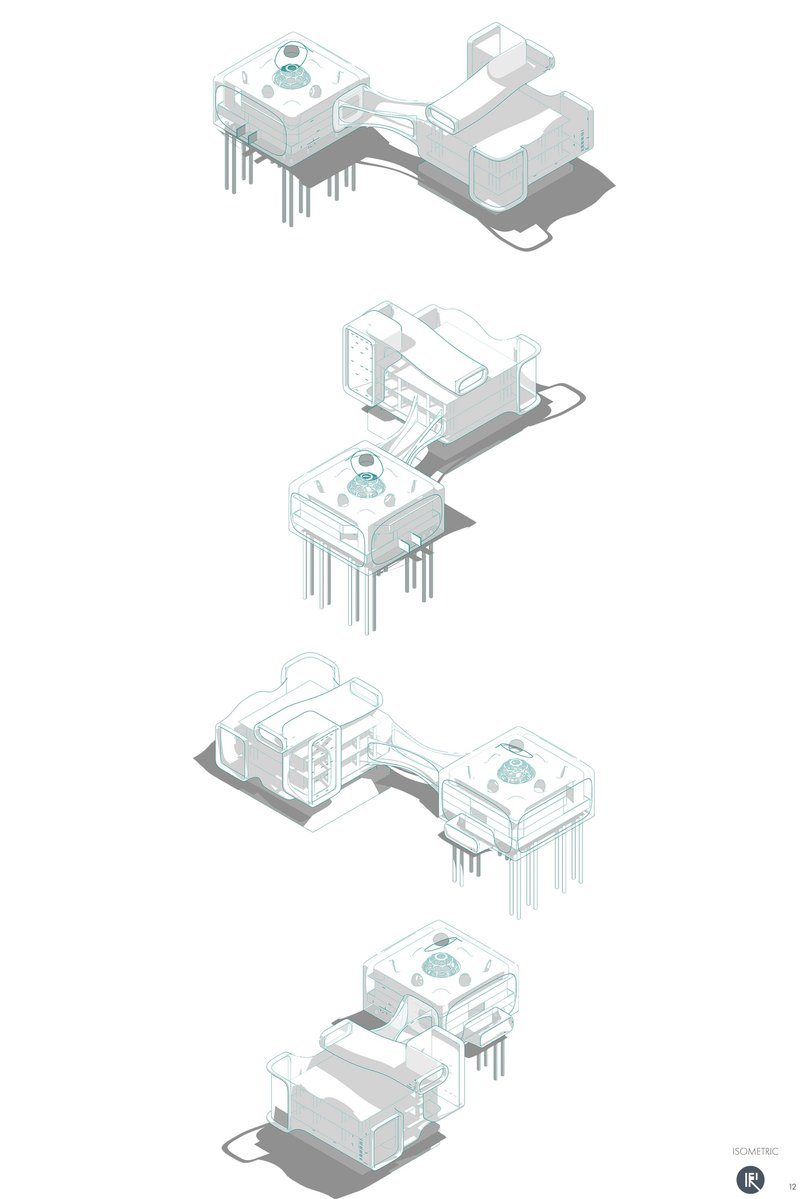Isometric architectural diagrams showcasing the interconnected spatial systems of the adaptive offshore structure.