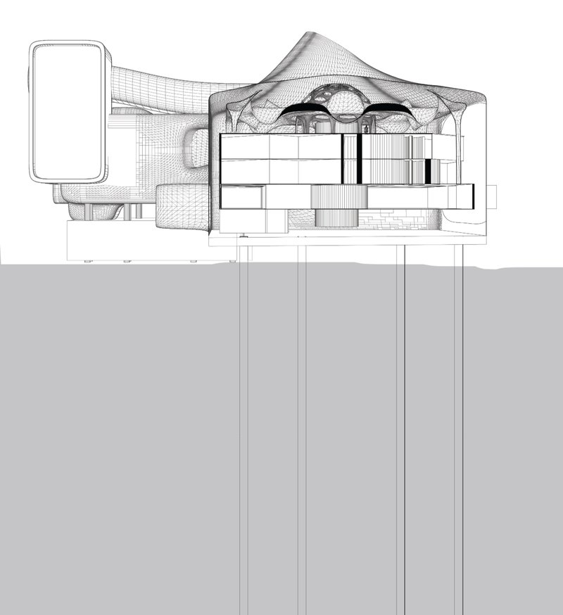 Sectional drawing revealing the layered spatial organization and structural adaptation of the floating museum.