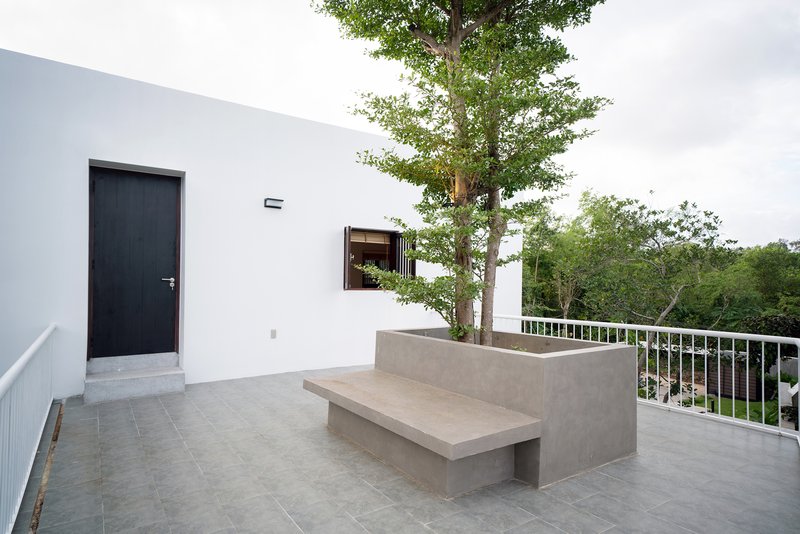 Rooftop terrace with concrete bench planter containing tree and metal railing under overcast sky