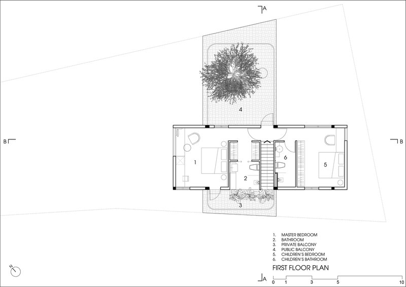 First floor plan drawing showing three bedrooms with a central stairwell and courtyard tree