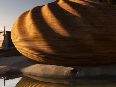 Kengo Kuma Stacks 1,500 Plywood Sheets into a Shell-Shaped Sauna on Naoshima