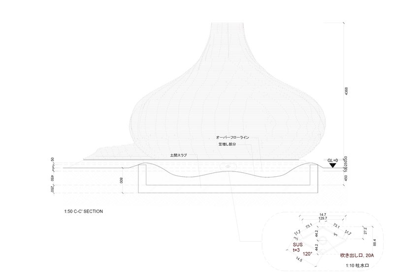 Section drawing showing a single onion-shaped roof form above a horizontal base with circular plan inset