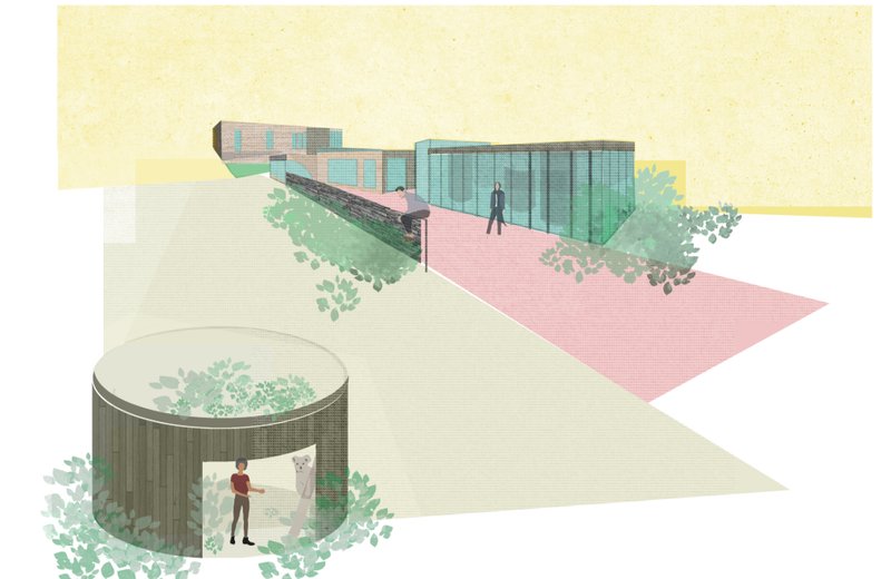 Exterior perspective of the koala habitat featuring low-impact sustainable architecture embedded within the natural landscape.