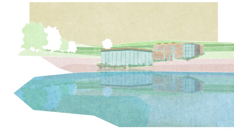 Waterfront perspective showcasing the harmony between sustainable architecture, wetlands, and wildlife rehabilitation spaces.