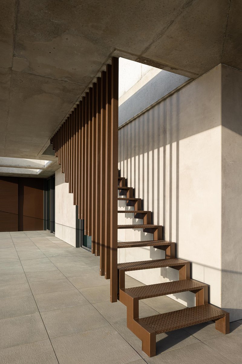 Timber staircase with open risers beneath an angled concrete ceiling and skylight casting shadows
