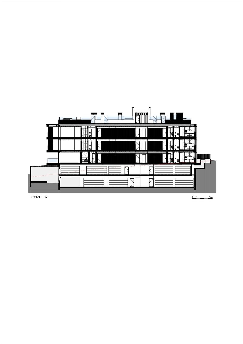 Building section drawing showing the floor plates and central elevator core through the building depth