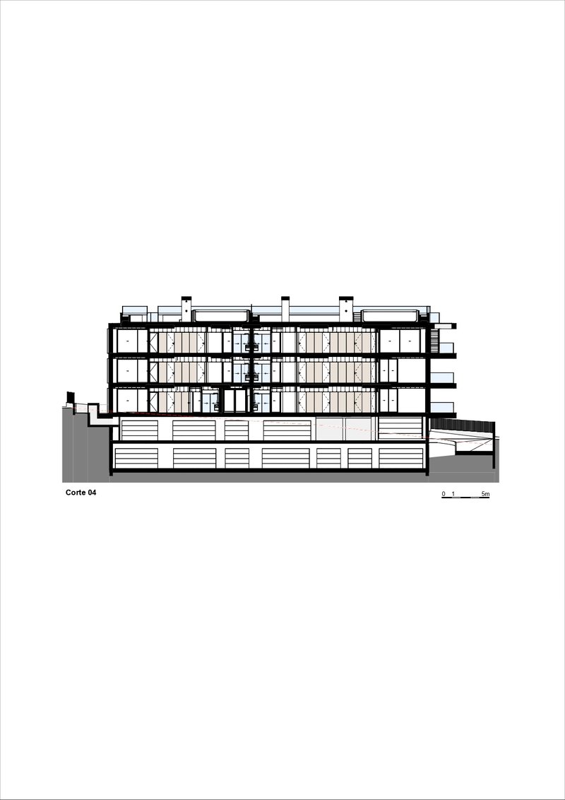Section drawing depicting the longitudinal cut through the building revealing floor plates and underground parking