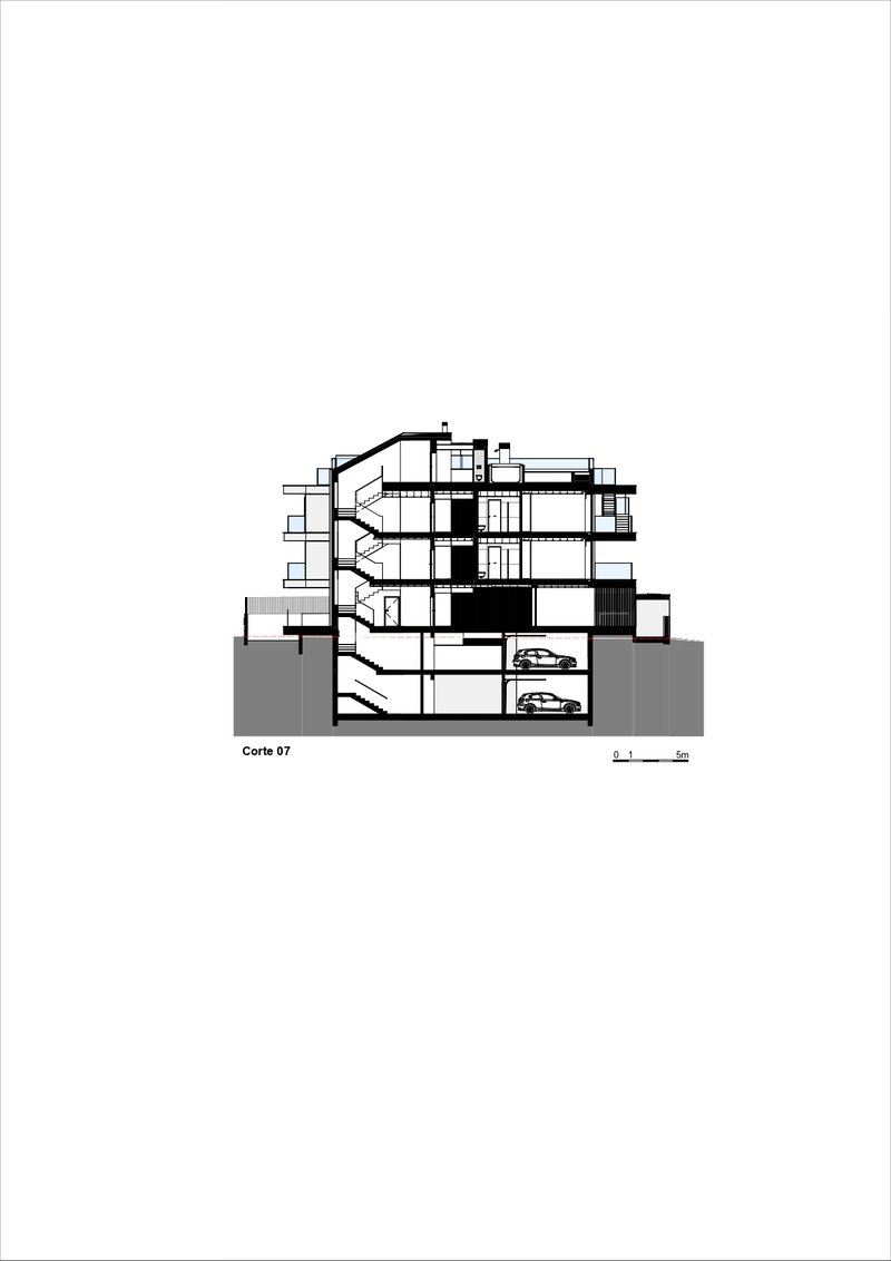 Section drawing showing angular balconies protruding from the facade and underground parking spaces