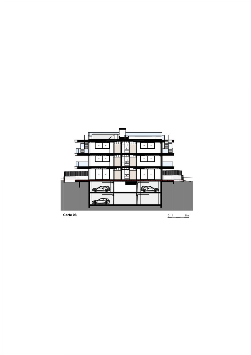 Section drawing revealing symmetrical units with central stairwell and terraced upper floors
