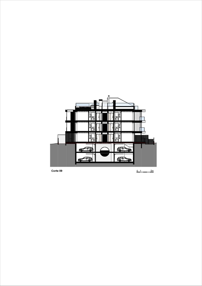 Section drawing showing a multi-story building with underground parking levels and stacked residential floors