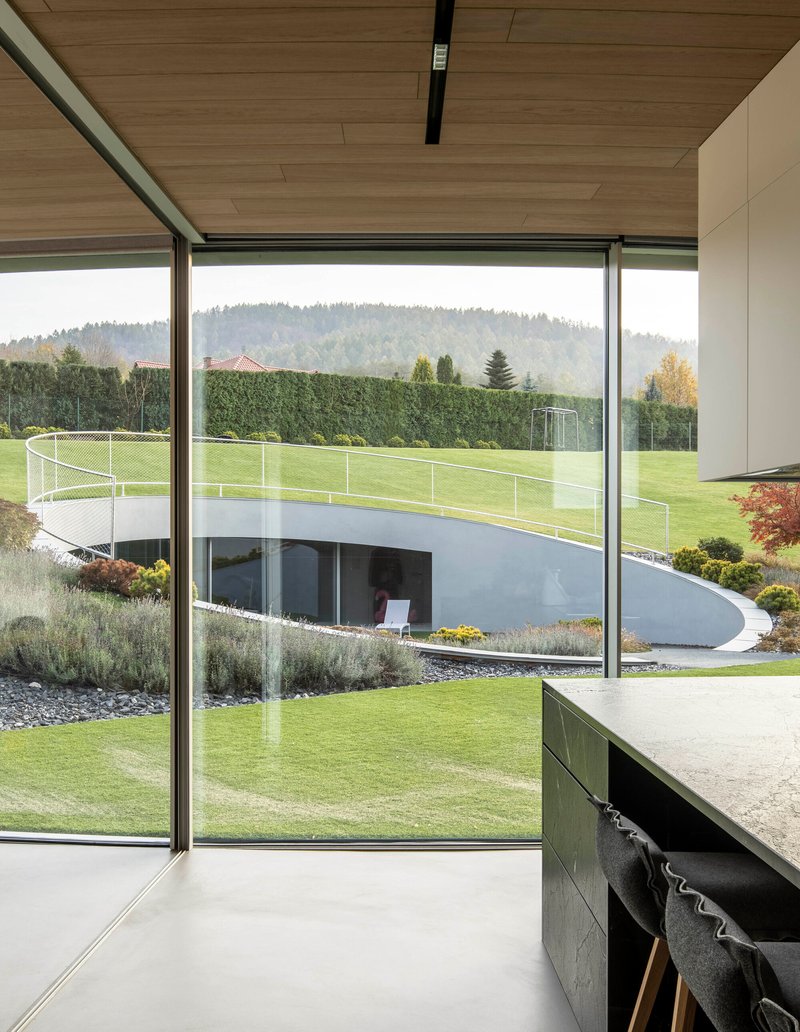 Floor-to-ceiling glazing framing the curved rooftop terrace and planted beds beyond the timber ceiling