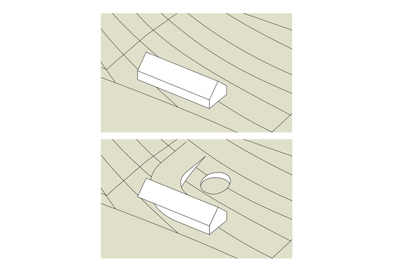 Axonometric diagrams showing the gabled volume above and the underground wing with circular opening