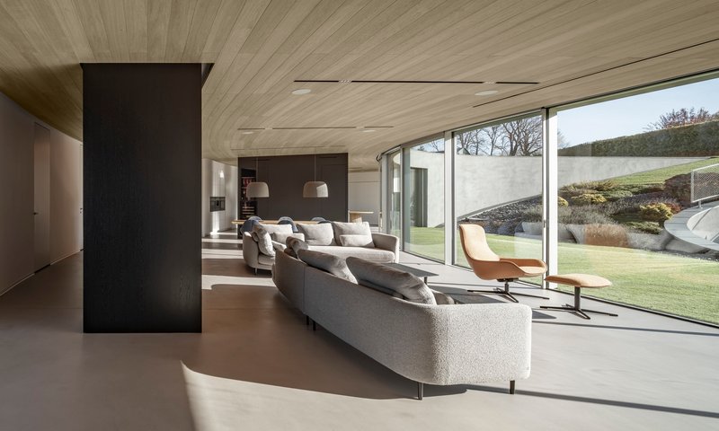 Open living space with timber ceiling planks and floor-to-ceiling glazing overlooking the garden