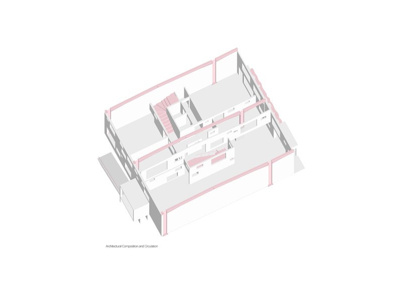 Axonometric drawing showing the structural frame with pink beams and interior partition walls