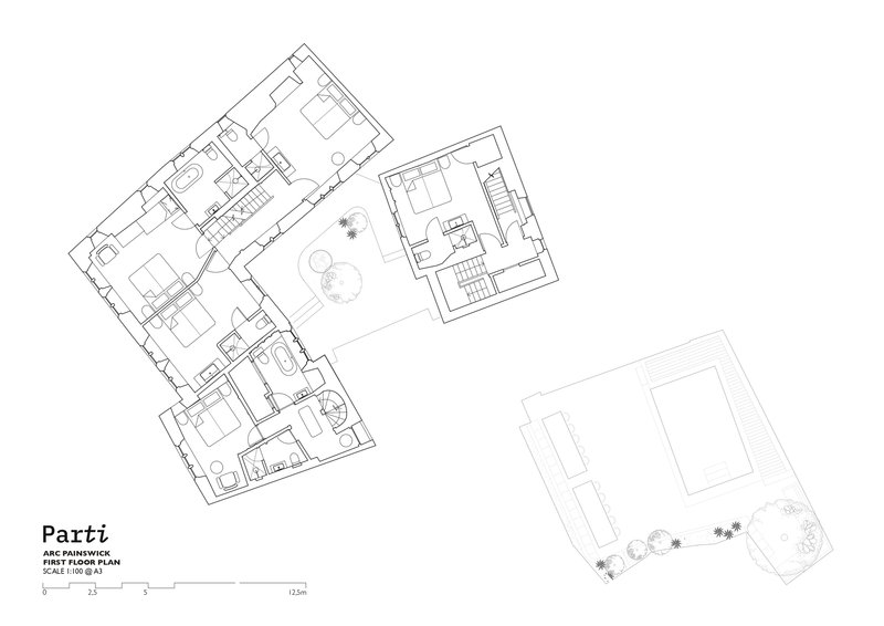 First floor plan drawing showing bathroom and bedroom layouts with adjacent garden terrace
