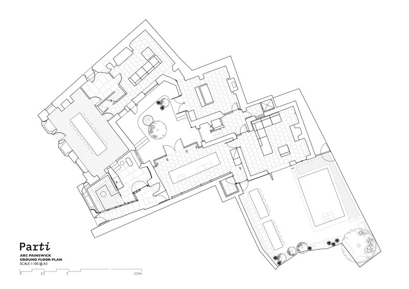 Ground floor plan drawing showing interconnected rooms arranged around a central courtyard with circular feature