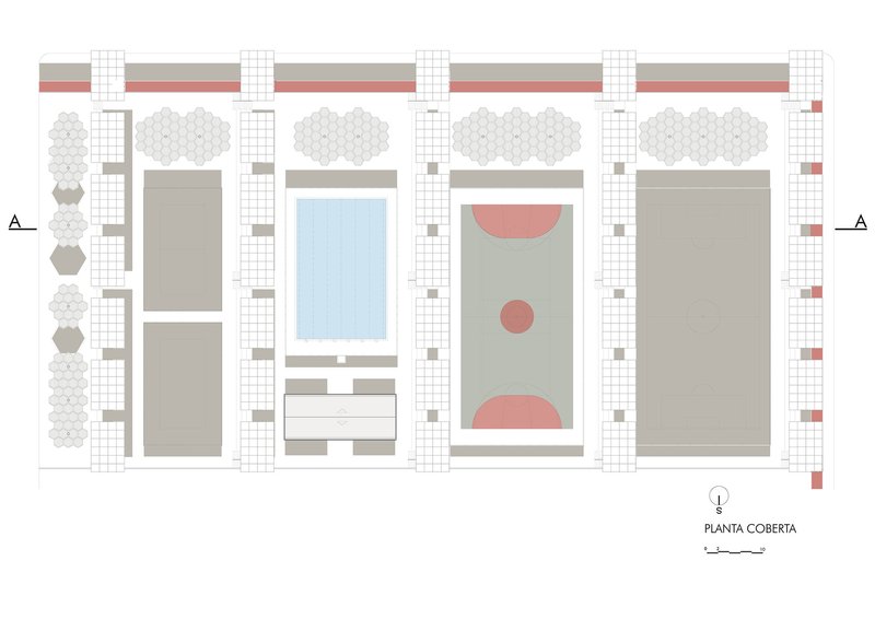 Roof plan drawing indicating canopy structures over swimming pool, sports court, and enclosed building volumes