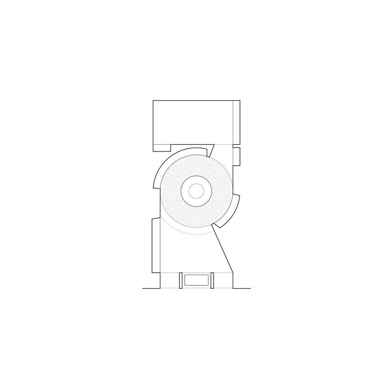 Floor plan drawing showing a circular space with central core and rectangular volumes flanking the entry