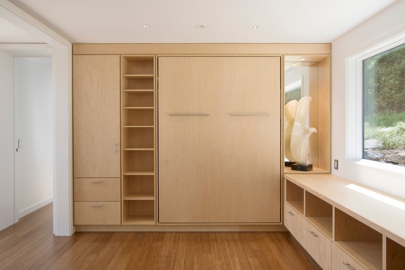 Light wood wall of built-in storage with murphy bed and shelving beside a window with garden view