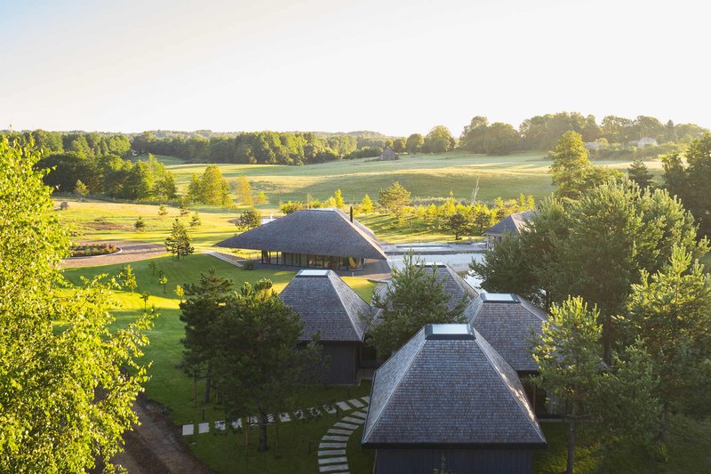 Aerial view of clustered pyramidal roofs set among pine trees in a rolling landscape at golden hour