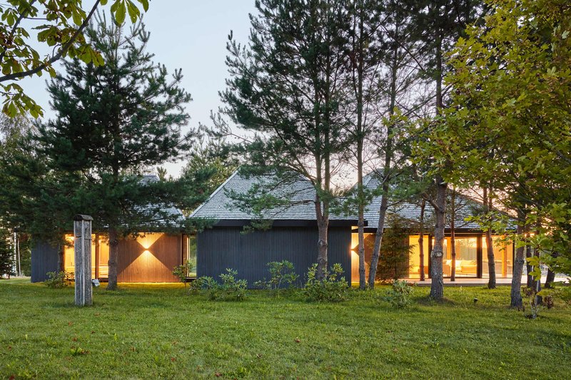 Garden elevation showing dark timber cladding and glowing interiors beneath shingled roofs among pines