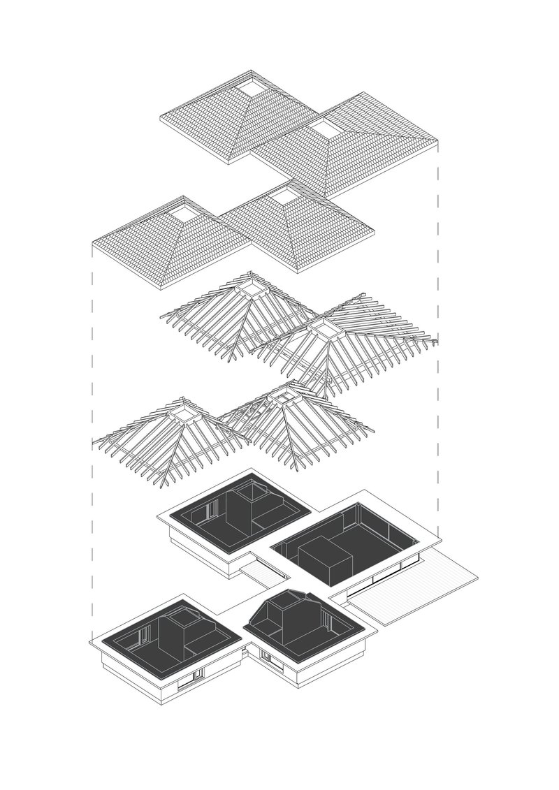 Exploded axonometric drawing showing roof structure, timber framing, and interior volumes of four connected pavilions