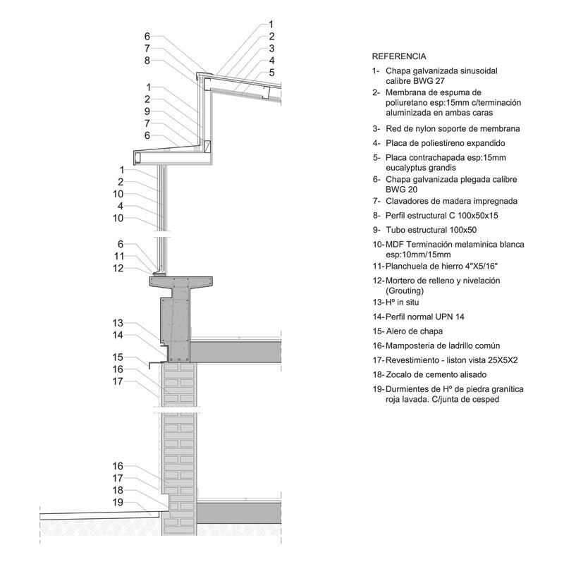 Detailed wall section showing roof connection, steel frame, insulation layers and stone foundation assembly