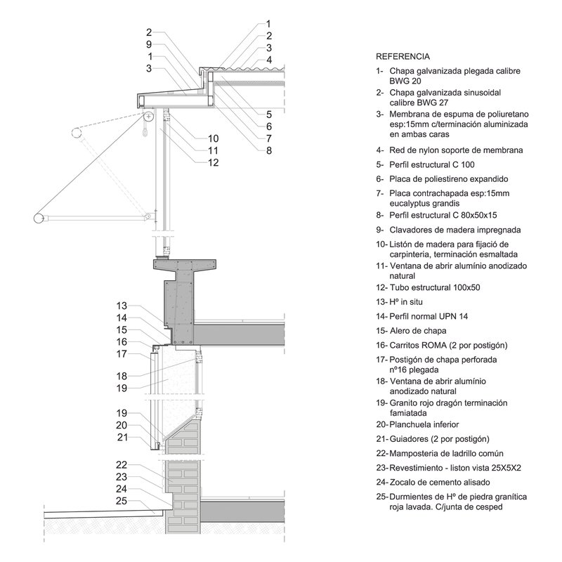 Wall section detail with corrugated metal roofing, window opening and multi-layer facade construction